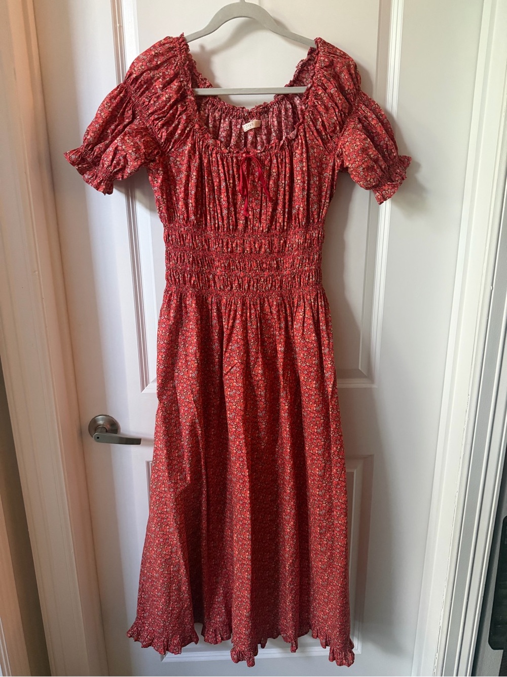 Christy Dawn Red Floral Puff-Sleeve Midi Dress